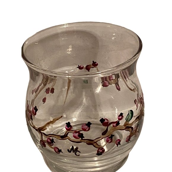 New Handpainted Signed Clear Glass Cranberry Vine Votive Without Candle - Picture 3 of 4